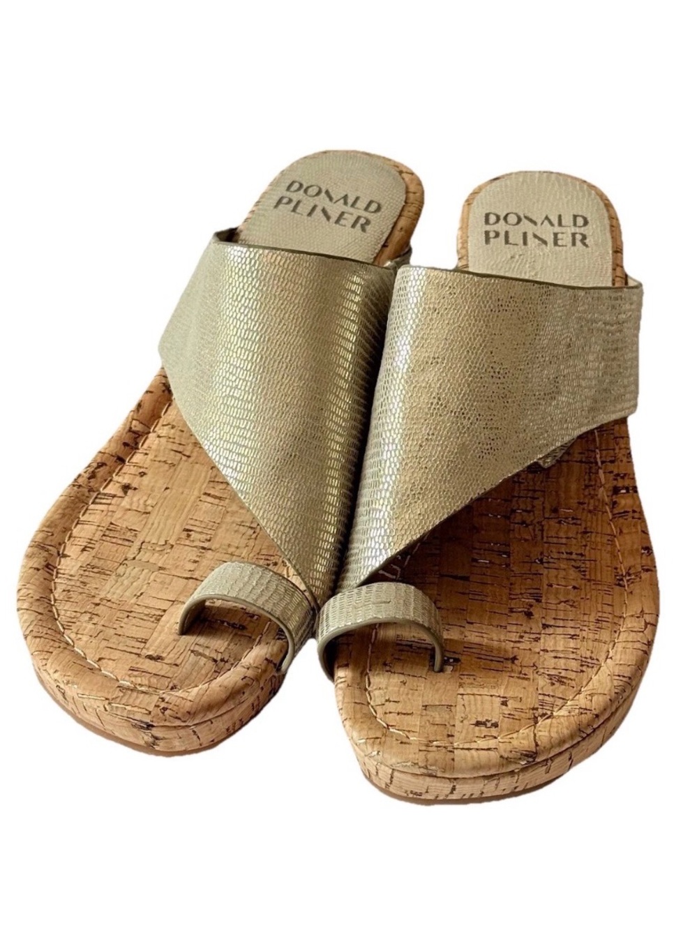 Donald Pliner Leather Gold Metallic Embossed Cork Wedge Toe Loop Sandals 8.5 New
